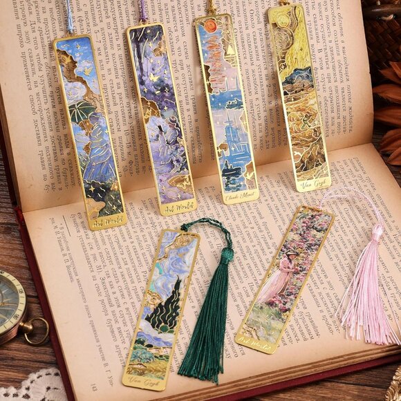 12 Pieces Metal Bookmarks with Tassel, Golden Hollow Bookmark Oil Painting Theme - Picture 8 of 8